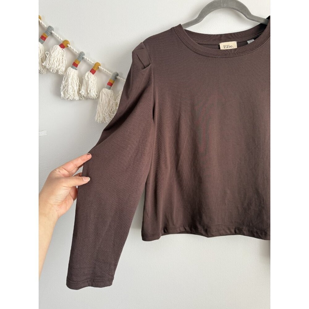 Elie Tahari 100% Cotton Brown Puff Sleeve Boxy Top Basics Minimalist Neutral XL - Picture 5 of 9